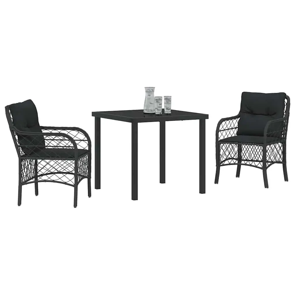 Garden Dining Set 3 Pieces Outdoor Use Black Poly Rattan with Cushions