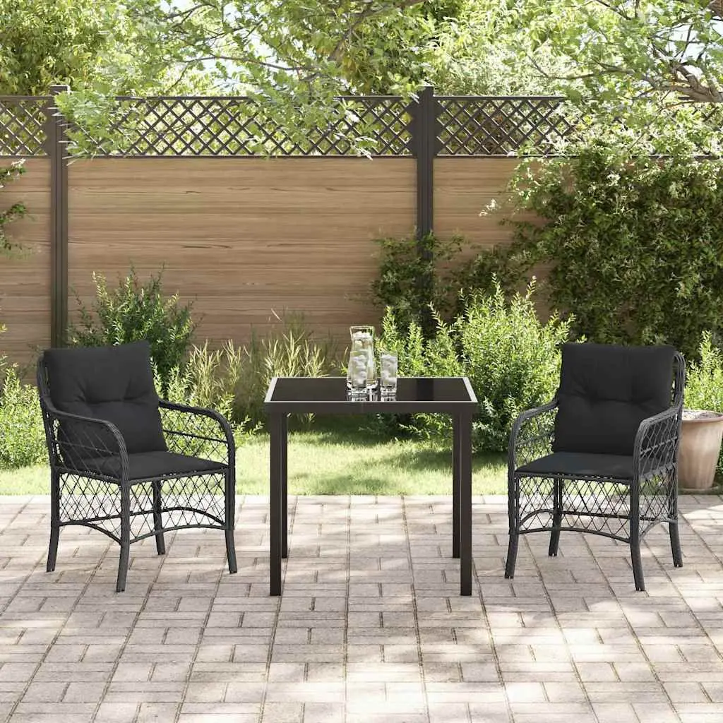 Garden Dining Set 3 Pieces Outdoor Use Black Poly Rattan with Cushions