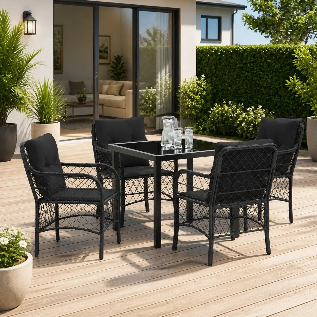 Garden Dining Set 5 Pieces Outdoor Use Black Poly Rattan Furniture with Cushions