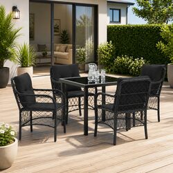 5-Piece Garden Dining Set: Black Poly Rattan Details