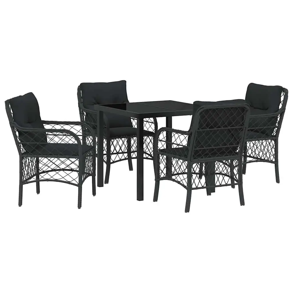 Garden Dining Set 5 Pieces Outdoor Use Black Poly Rattan Furniture with Cushions