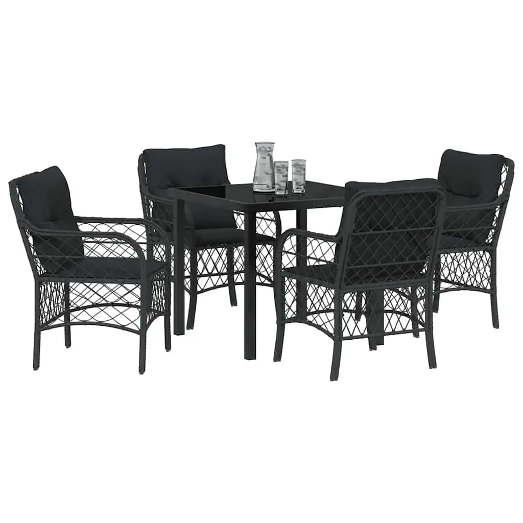 Garden Dining Set 5 Pieces Outdoor Use Black Poly Rattan Furniture with Cushions