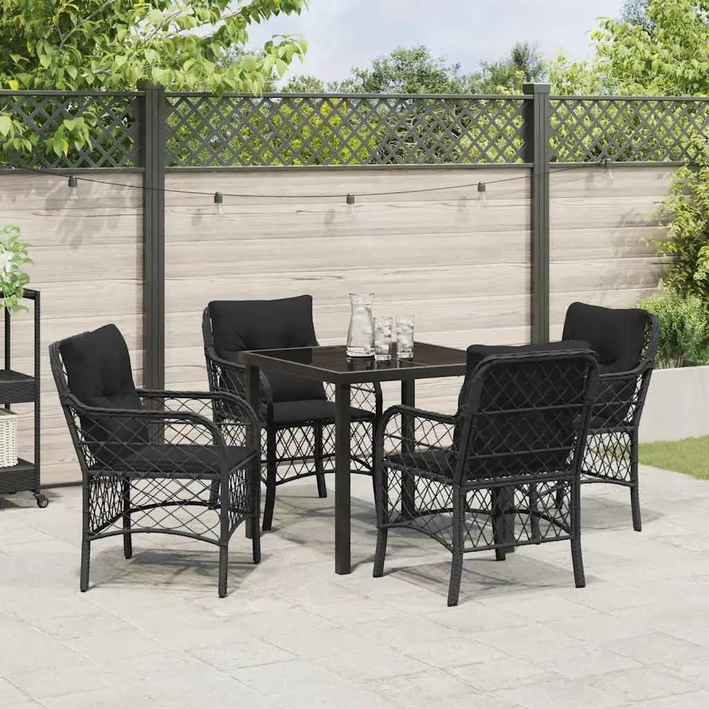 Garden Dining Set 5 Pieces Outdoor Use Black Poly Rattan Furniture with Cushions