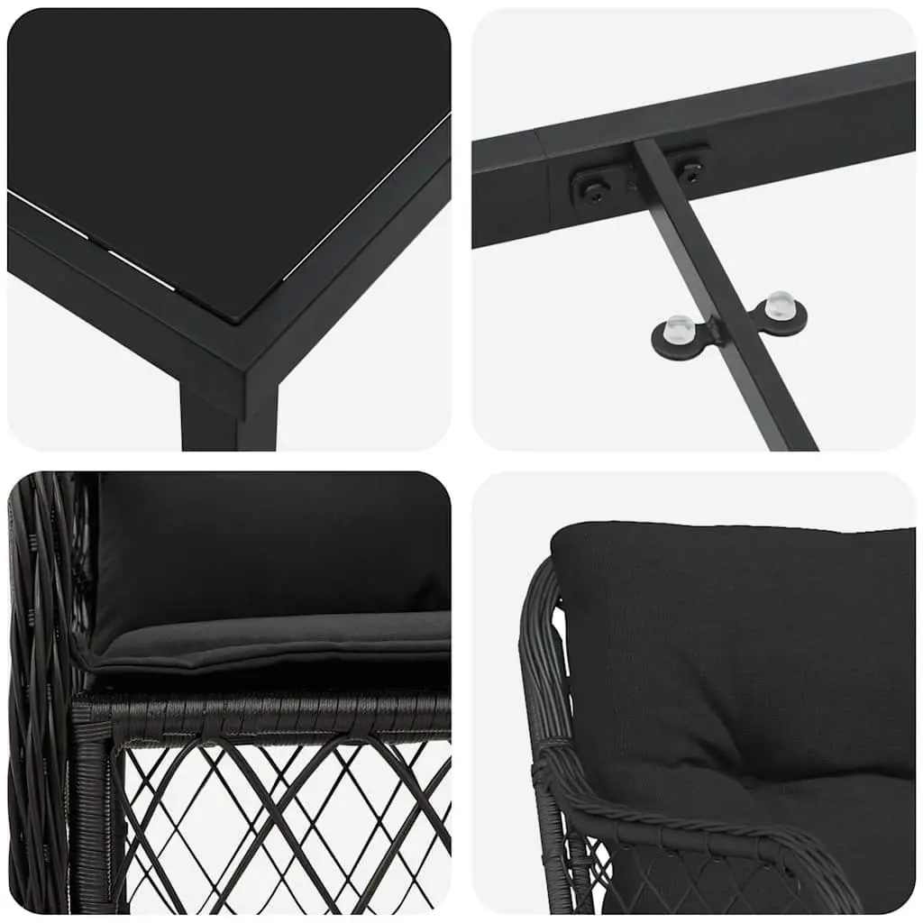 Garden Dining Set 5 Pieces Outdoor Use Black Poly Rattan Furniture with Cushions