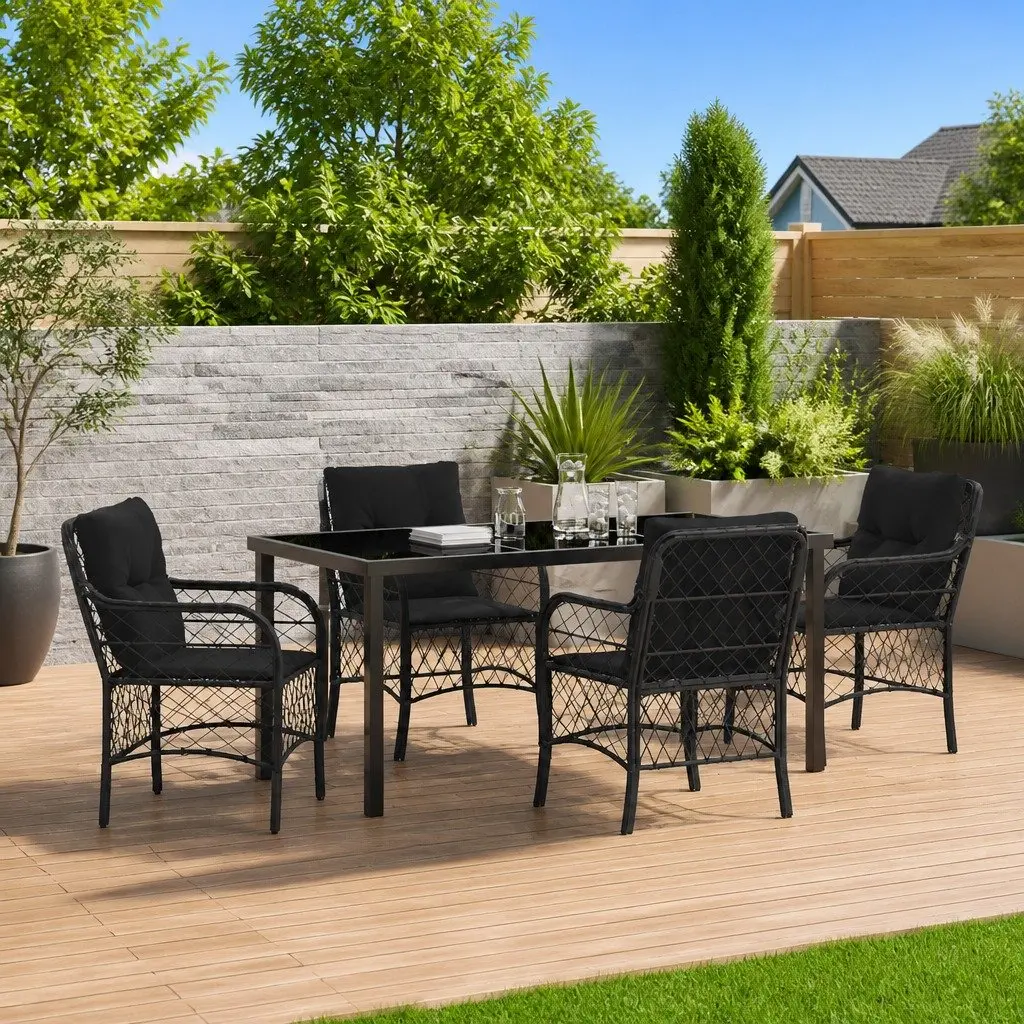 Garden Dining Set 5 Piece Outdoor Furniture Patio Garden Black Poly Rattan Steel Frame