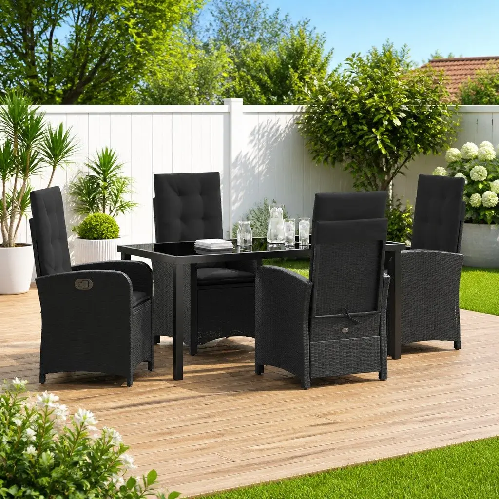 Garden Dining Set Outdoor Furniture 5 Pieces Black Poly Rattan with Cushions