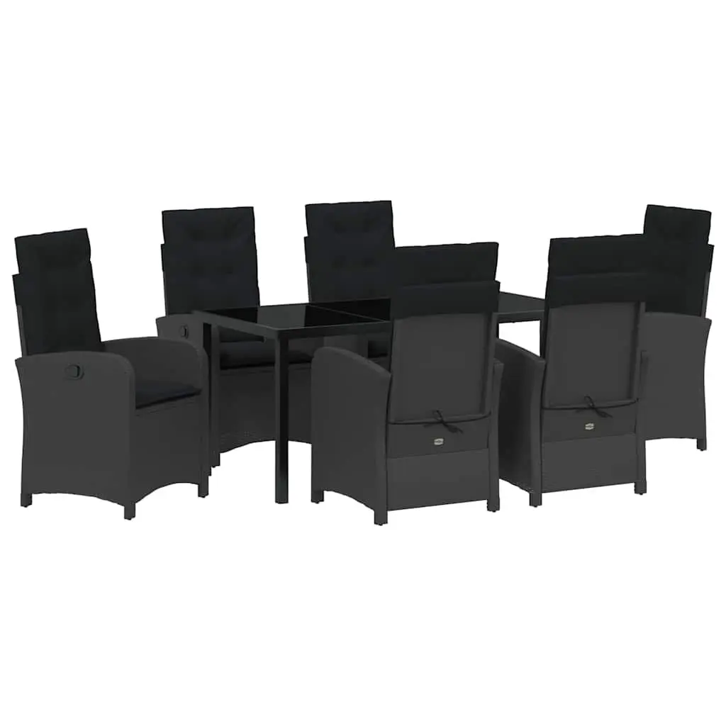 Outdoor Garden Dining Set 7 Pieces Black Poly Rattan with Cushions Glass Table