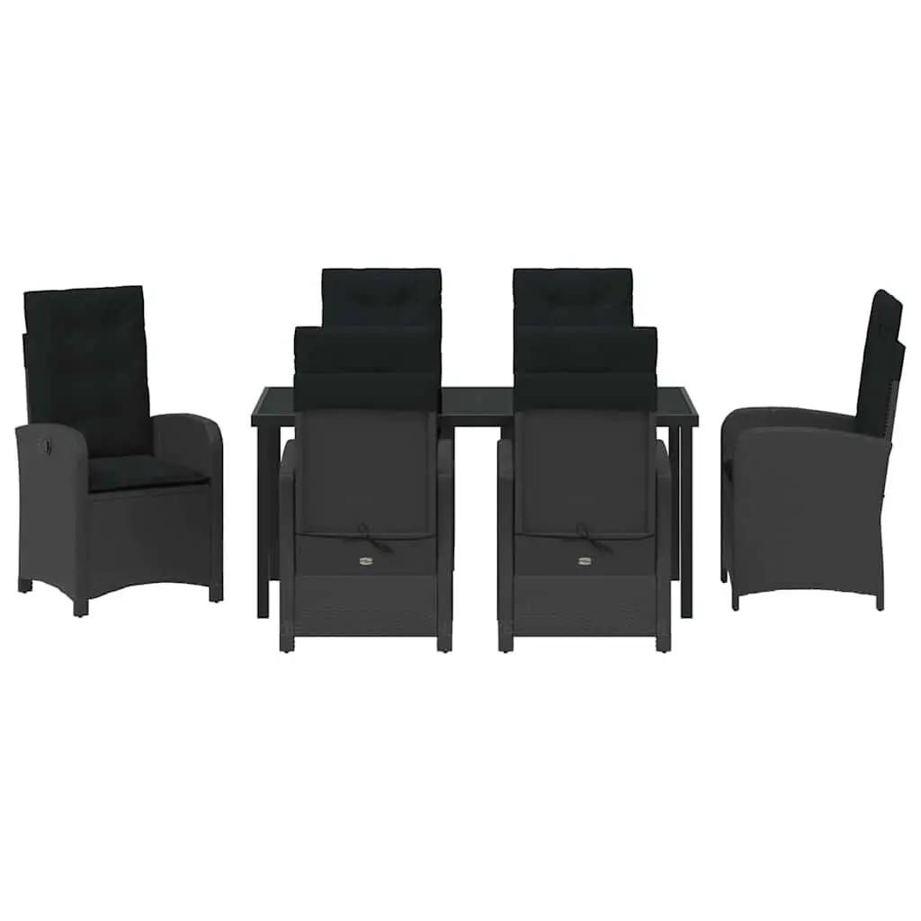 Outdoor Garden Dining Set 7 Pieces Black Poly Rattan with Cushions Glass Table