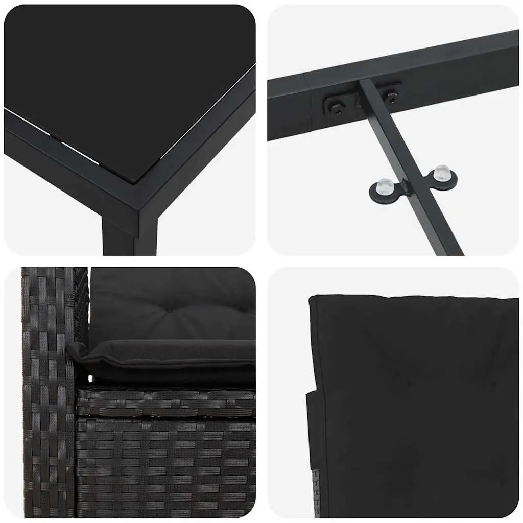Outdoor Garden Dining Set 7 Pieces Black Poly Rattan with Cushions Glass Table