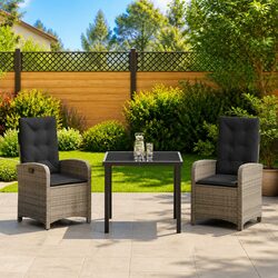 3 Piece Grey Garden Dining Set: Poly Rattan & Glass