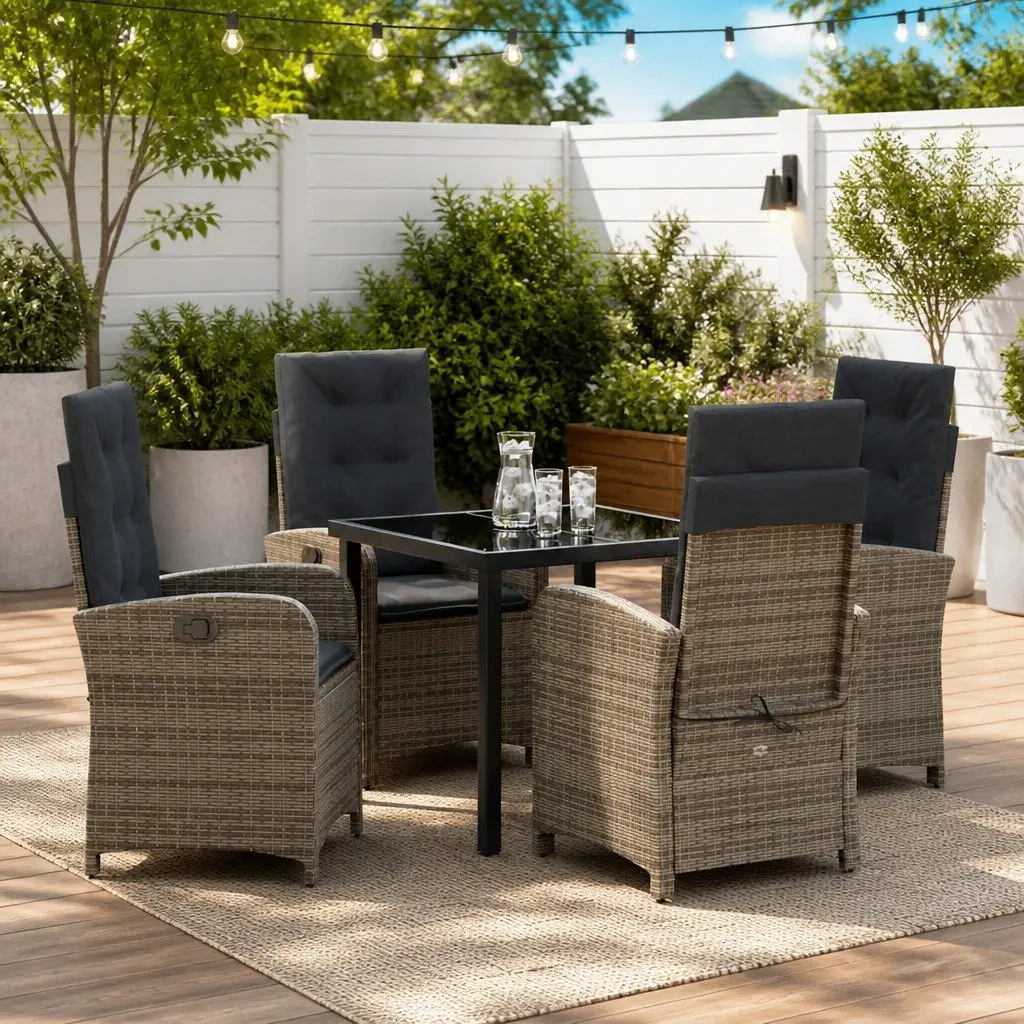 Outdoor Dining Set 5 Piece Modern Grey Poly Rattan with Cushions for Patio and Garden