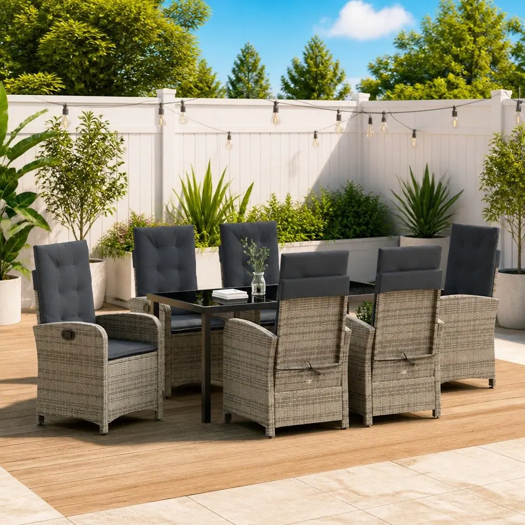 7-Piece Outdoor Garden Dining Set Grey Poly Rattan Chairs Table with Cushions