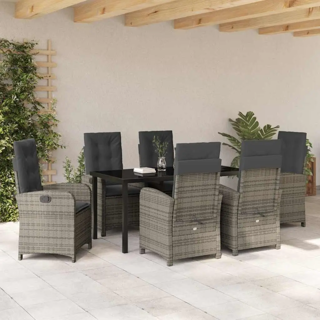 7-Piece Outdoor Garden Dining Set Grey Poly Rattan Chairs Table with Cushions