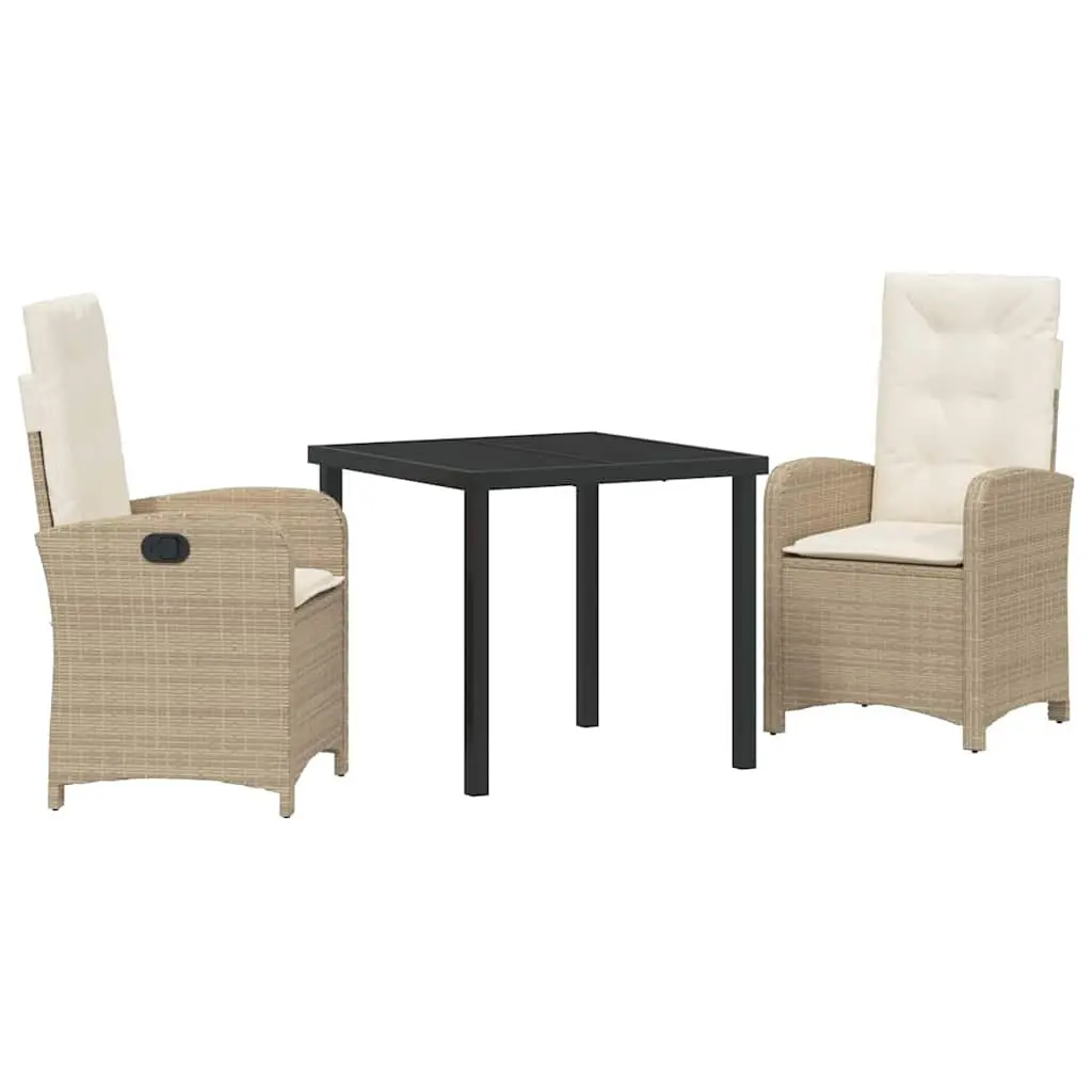 3 Piece Poly Rattan Outdoor Dining Set with Cushions for Patio Beige Glass Table