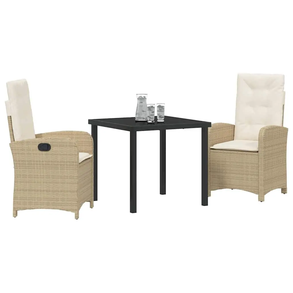 3 Piece Poly Rattan Outdoor Dining Set with Cushions for Patio Beige Glass Table