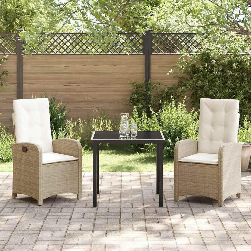 3 Piece Poly Rattan Outdoor Dining Set with Cushions for Patio Beige Glass Table
