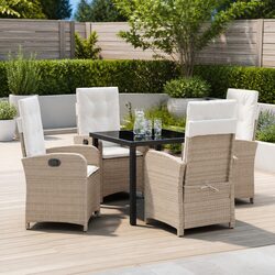 5-Piece Garden Dining Set: Poly Rattan, Glass Top, Beige