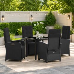 Garden Dining Set 5 Pieces Black Poly Rattan Outdoor Furniture with Cushions