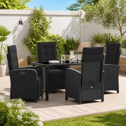 Garden Dining Set 5 Piece Outdoor Furniture Black Poly Rattan Glass Top Cushions
