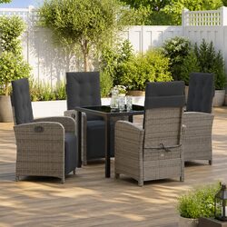 Garden Dining Set 5 pcs Grey Poly Rattan Outdoor Furniture Glass Top Cushions