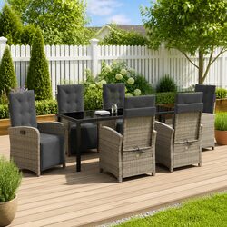 7 Piece Garden Dining Set Grey Poly Rattan Outdoor Furniture with Cushions