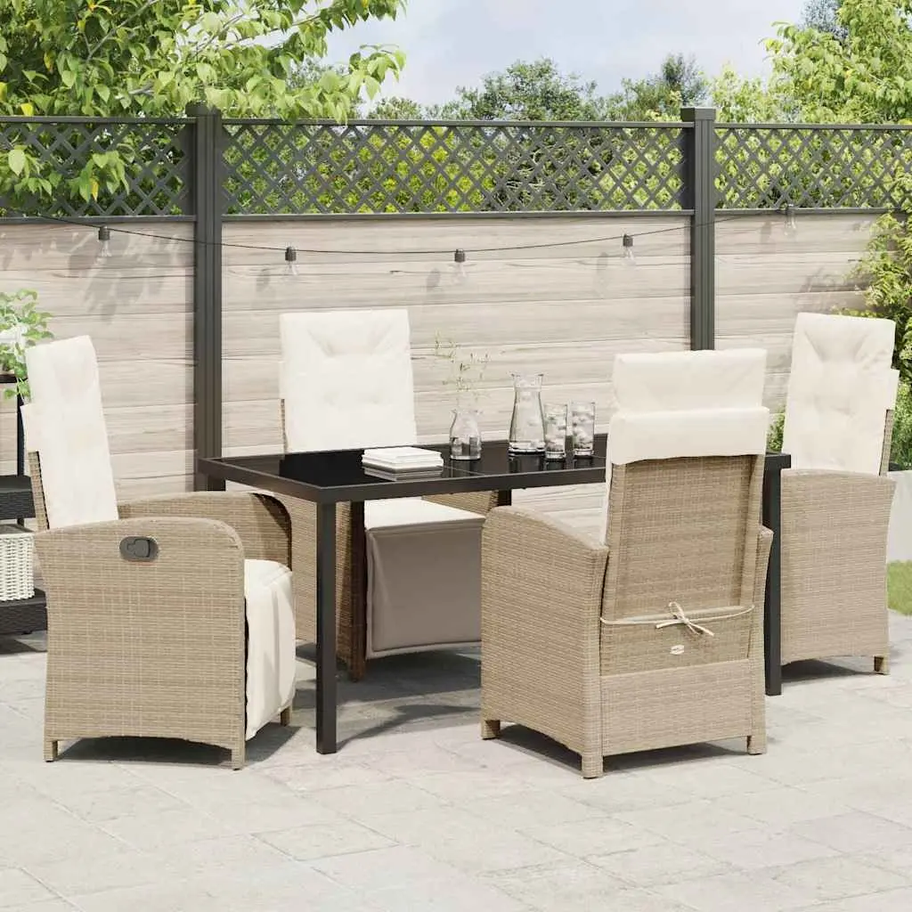 Outdoor Dining Set 5 Piece Garden Furniture Poly Rattan Glass Top Beige Cushions