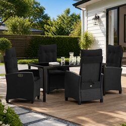 5-Piece Garden Dining Set: Black Poly Rattan and Glass