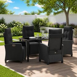 Garden Dining Set 5 Pieces Black Poly Rattan Outdoor Furniture Table Chairs