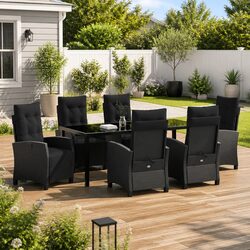 7-Piece Garden Dining Set: Black Rattan, Glass Table