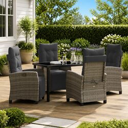 5 Piece Garden Dining Set: Grey Poly Rattan with Glass Table