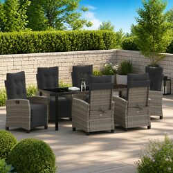 Garden Dining Set: 7 Pieces, Glass Table, Grey Rattan