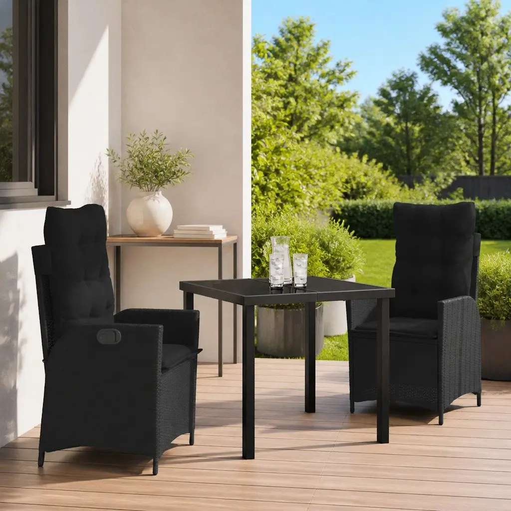 Garden Dining Set Outdoor Patio Furniture 3 Piece Black Poly Rattan Glass Table