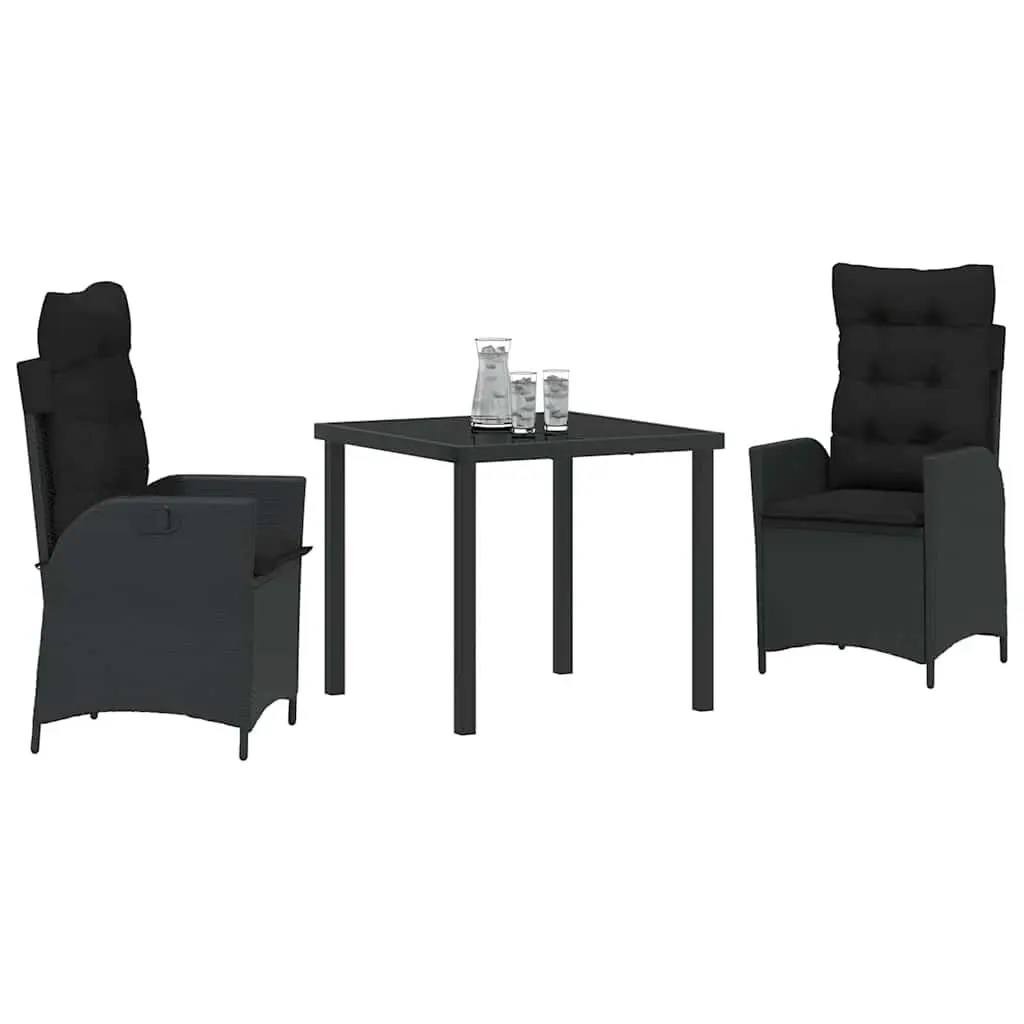 Garden Dining Set Outdoor Patio Furniture 3 Piece Black Poly Rattan Glass Table