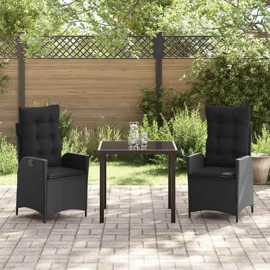 Garden Dining Set Outdoor Patio Furniture 3 Piece Black Poly Rattan Glass Table