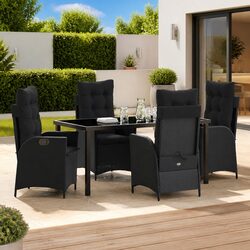 Outdoor Dining Set 5 Piece Black Poly Rattan Glass Table Patio Furniture Chairs
