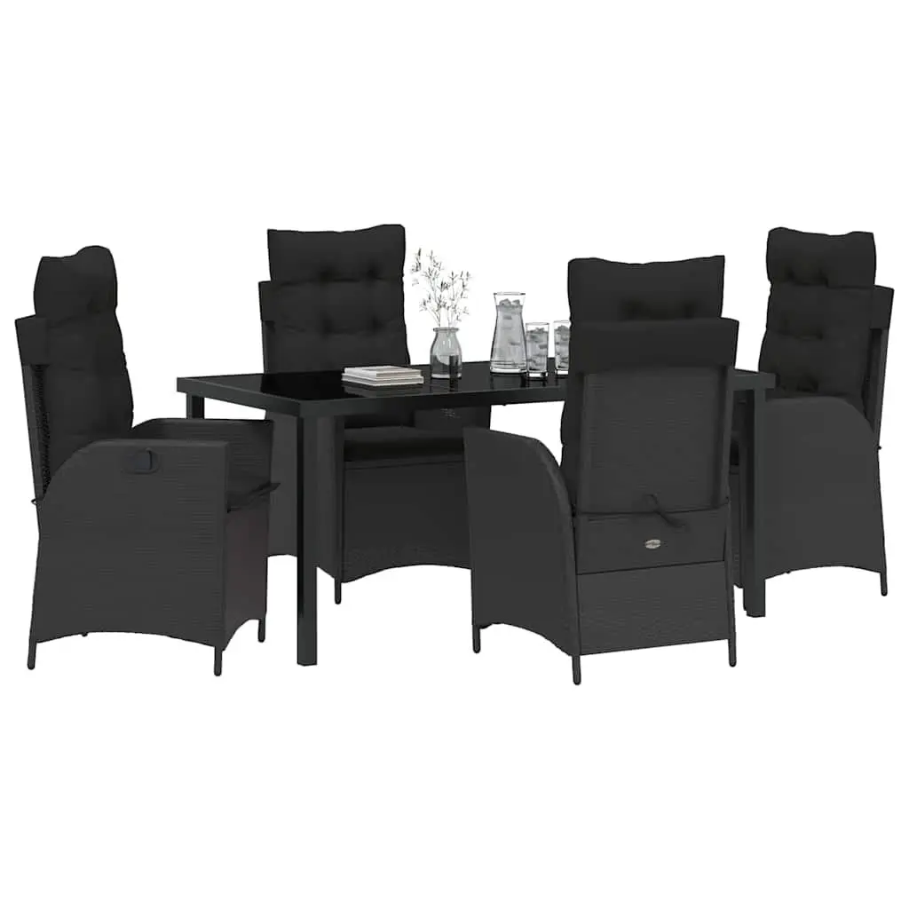 Outdoor Dining Set 5 Piece Black Poly Rattan Glass Table Patio Furniture Chairs