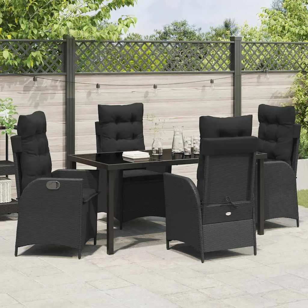 Outdoor Dining Set 5 Piece Black Poly Rattan Glass Table Patio Furniture Chairs