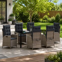 7-Pc Garden Dining Set: Grey Poly Rattan & Glass