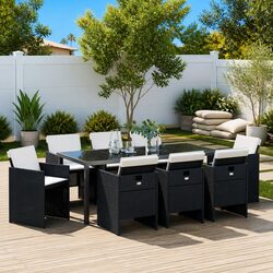 Outdoor Garden Dining Set 9 Pieces Black Poly Rattan Tempered Glass Table