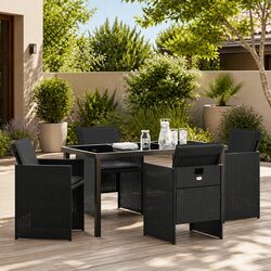 5-Piece Garden Dining Set: Black Rattan & Glass Specs