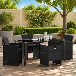 5 Piece Outdoor Dining Set – Steel Frame, Poly Rattan, Glass