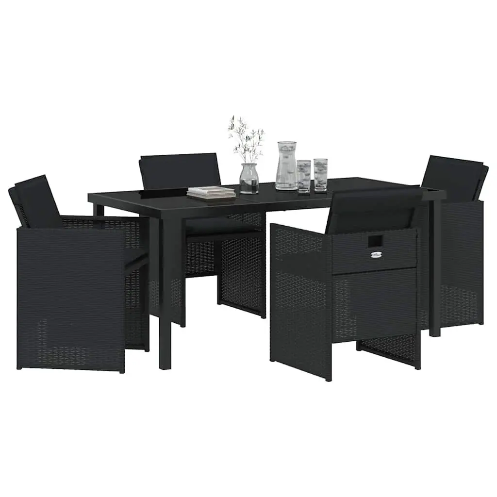 Outdoor Garden Dining Set 5 Piece Black Poly Rattan Steel Frame Tempered Glass