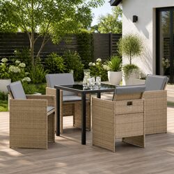 Garden Dining Set 5 Pieces Outdoor Furniture Beige Poly Rattan Metal Frame