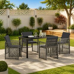 Garden Dining Set 5 Pieces Grey Poly Rattan Outdoor Furniture Patio Table Chairs
