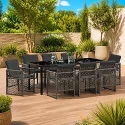 9-Piece Garden Dining Set: Grey Steel & Rattan