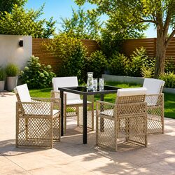 Garden Dining Set 5 Pieces Outdoor Furniture Beige Poly Rattan Glass Patio Table
