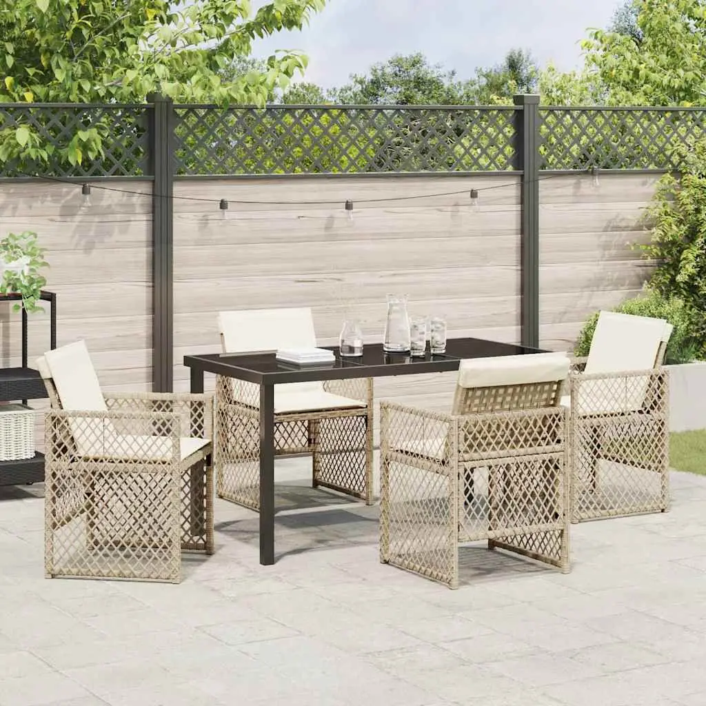 Outdoor Dining Set 5 Piece Beige Poly Rattan Garden Furniture with Tempered Glass Table and Steel Frame for Patio Use