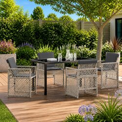 5-Piece Outdoor Garden Dining Set with Glass Top and Rattan Chairs