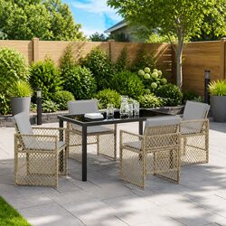 5-Piece Garden Dining Set: Beige Poly Rattan and Glass