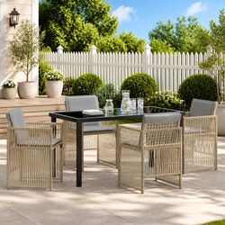5 Piece Garden Dining Set - Beige Steel & Rattan Details
